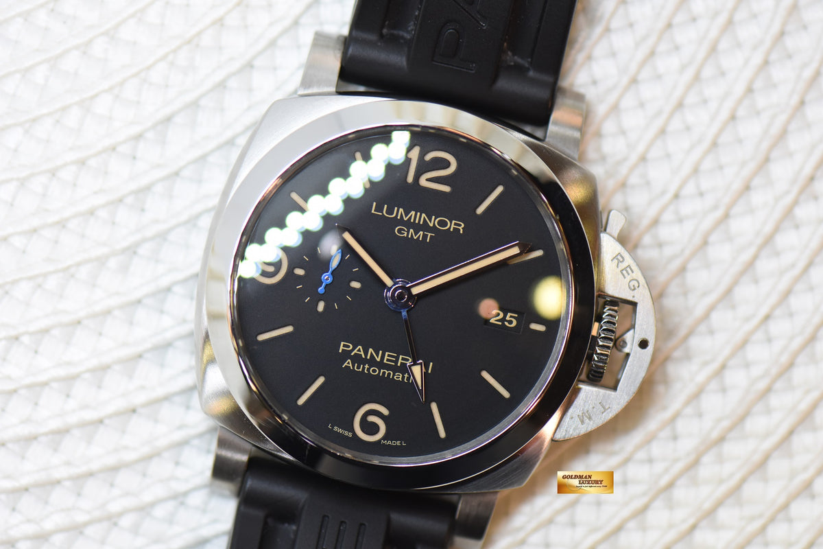 [SOLD] PANERAI LUMINOR 1950 GMT 44mm STEEL IN RUBBER STRAP AUTOMATIC BLACK PAM 1320 (MINT)