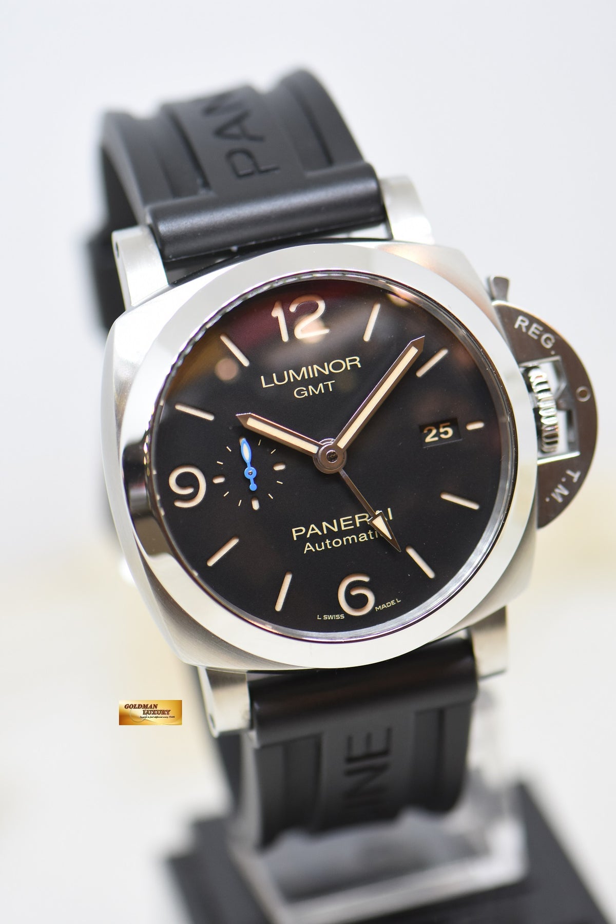 [SOLD] PANERAI LUMINOR 1950 GMT 44mm STEEL IN RUBBER STRAP AUTOMATIC BLACK PAM 1320 (MINT)