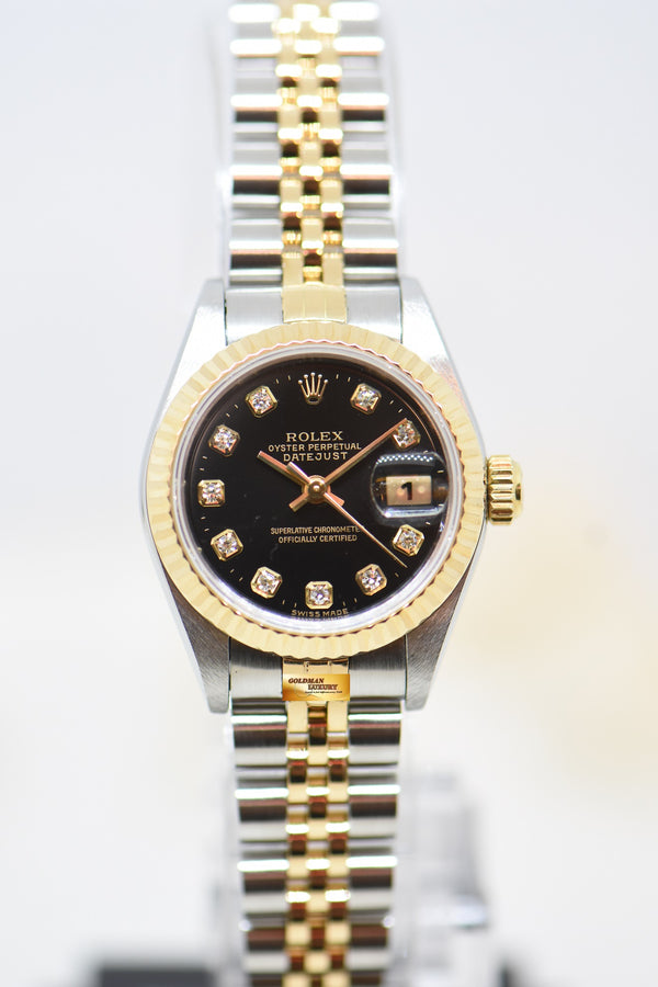 [SOLD] ROLEX OYSTER DATEJUST 26mm HALF-GOLD IN JUBILEE BRACELET BLACK DIAMOND DIAL 69173 (MINT)