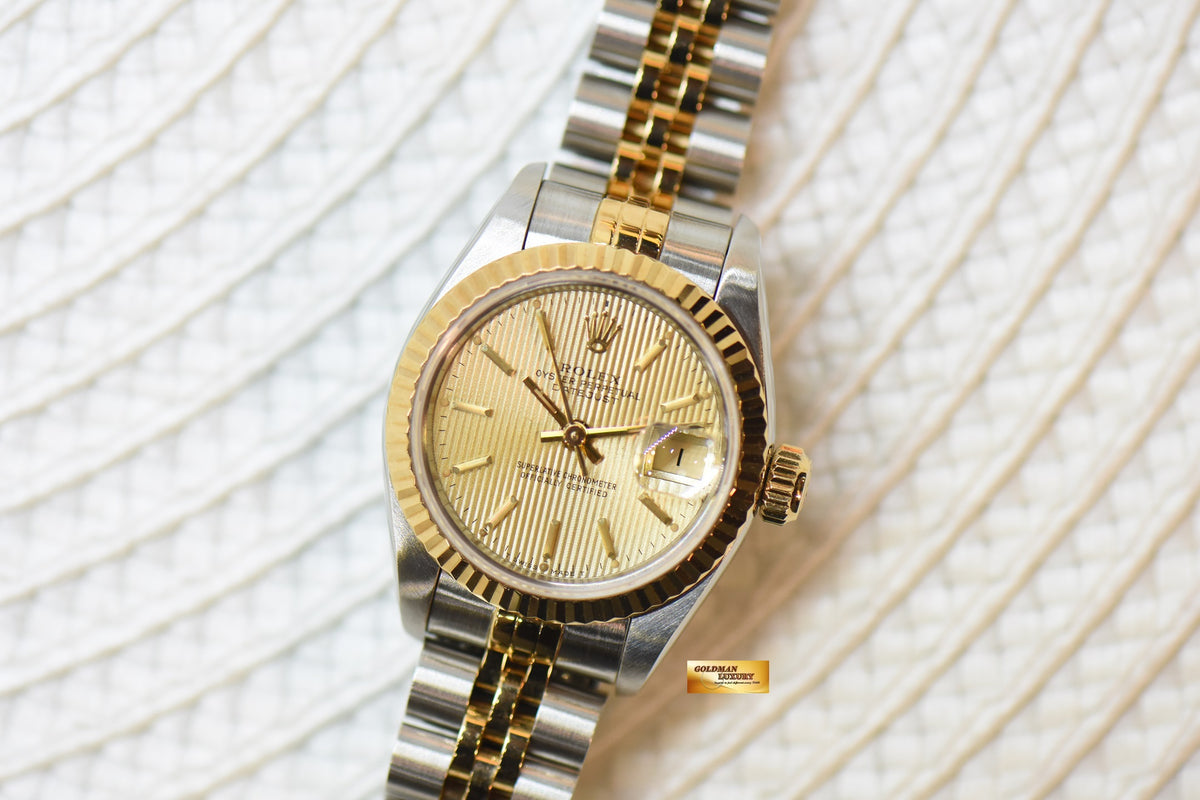 [SOLD] ROLEX OYSTER DATEJUST 26mm HALF-GOLD IN JUBILEE BRACELET GOLD TAPESTRY DIAL 69173 (MINT)