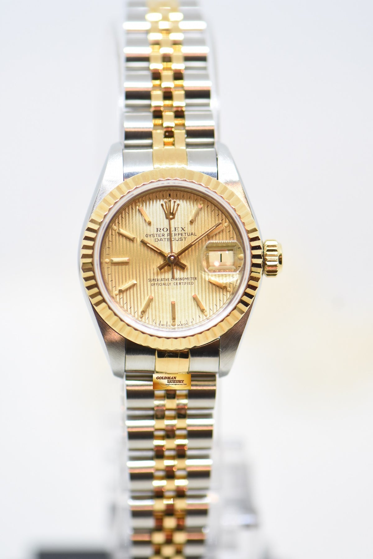 [SOLD] ROLEX OYSTER DATEJUST 26mm HALF-GOLD IN JUBILEE BRACELET GOLD TAPESTRY DIAL 69173 (MINT)