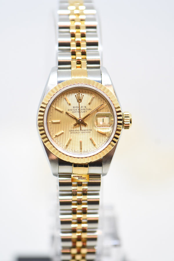 [SOLD] ROLEX OYSTER DATEJUST 26mm HALF-GOLD IN JUBILEE BRACELET GOLD TAPESTRY DIAL 69173 (MINT)