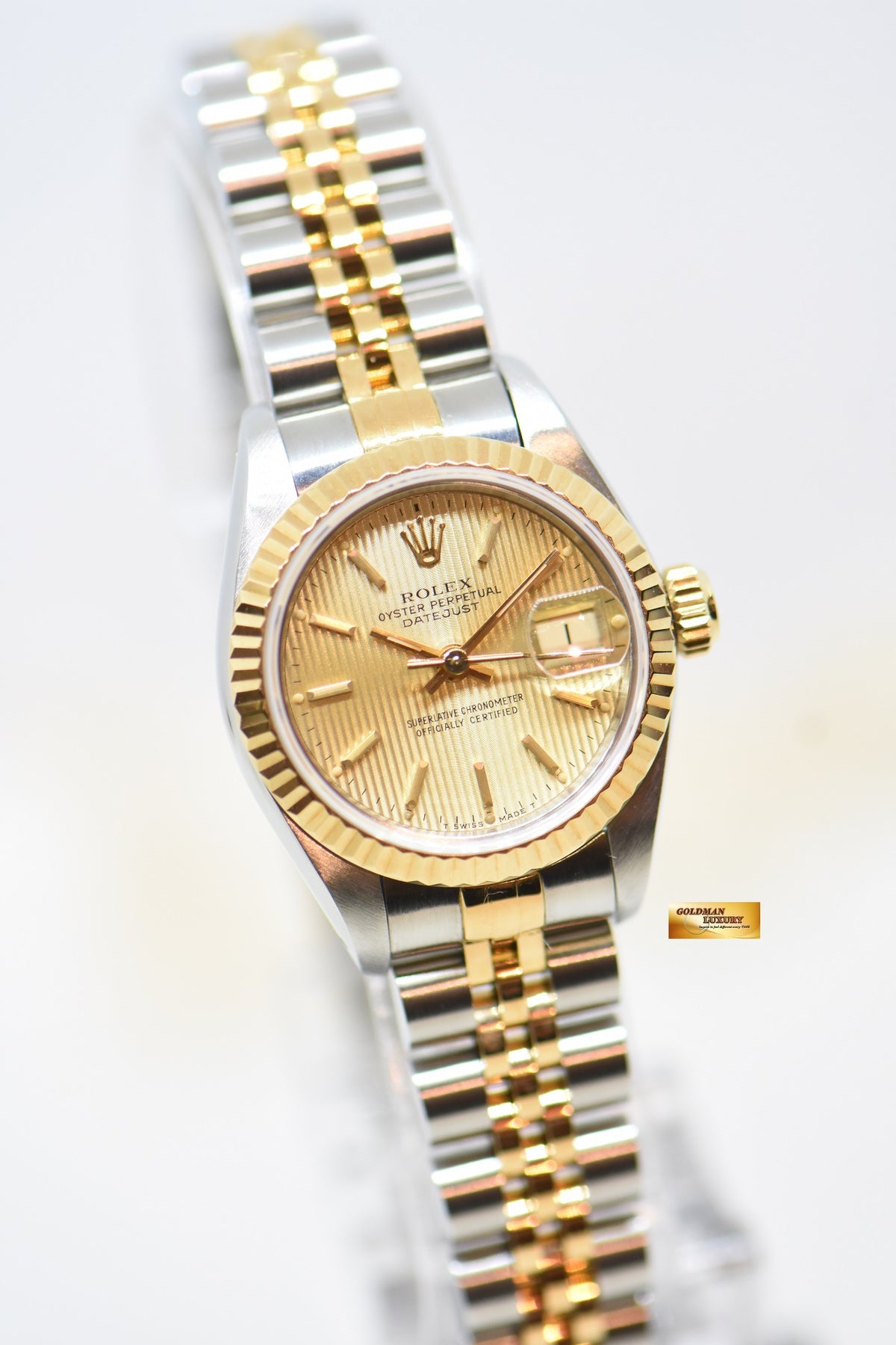 [SOLD] ROLEX OYSTER DATEJUST 26mm HALF-GOLD IN JUBILEE BRACELET GOLD TAPESTRY DIAL 69173 (MINT)