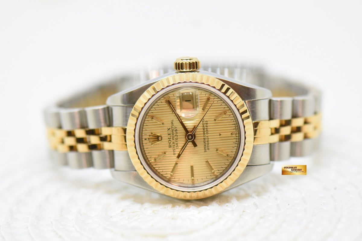 [SOLD] ROLEX OYSTER DATEJUST 26mm HALF-GOLD IN JUBILEE BRACELET GOLD TAPESTRY DIAL 69173 (MINT)