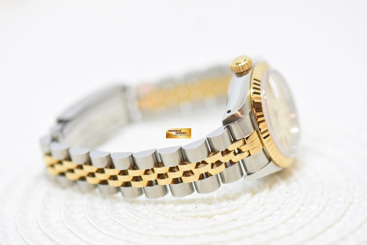 [SOLD] ROLEX OYSTER DATEJUST 26mm HALF-GOLD IN JUBILEE BRACELET GOLD TAPESTRY DIAL 69173 (MINT)