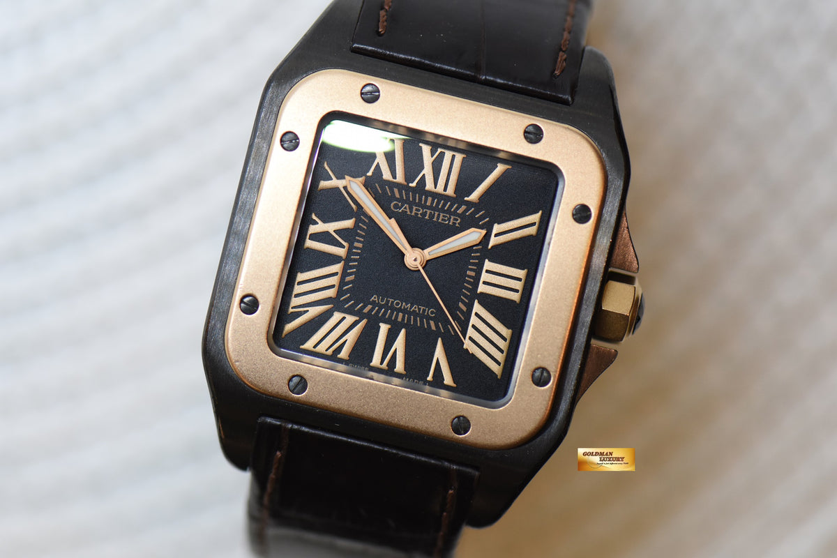 [SOLD] CARTIER SANTOS 100XL LARGE SIZE BLACK DLC / 18K ROSE GOLD IN LEATHER STRAP AUTOMATIC W2020009 (MINT)