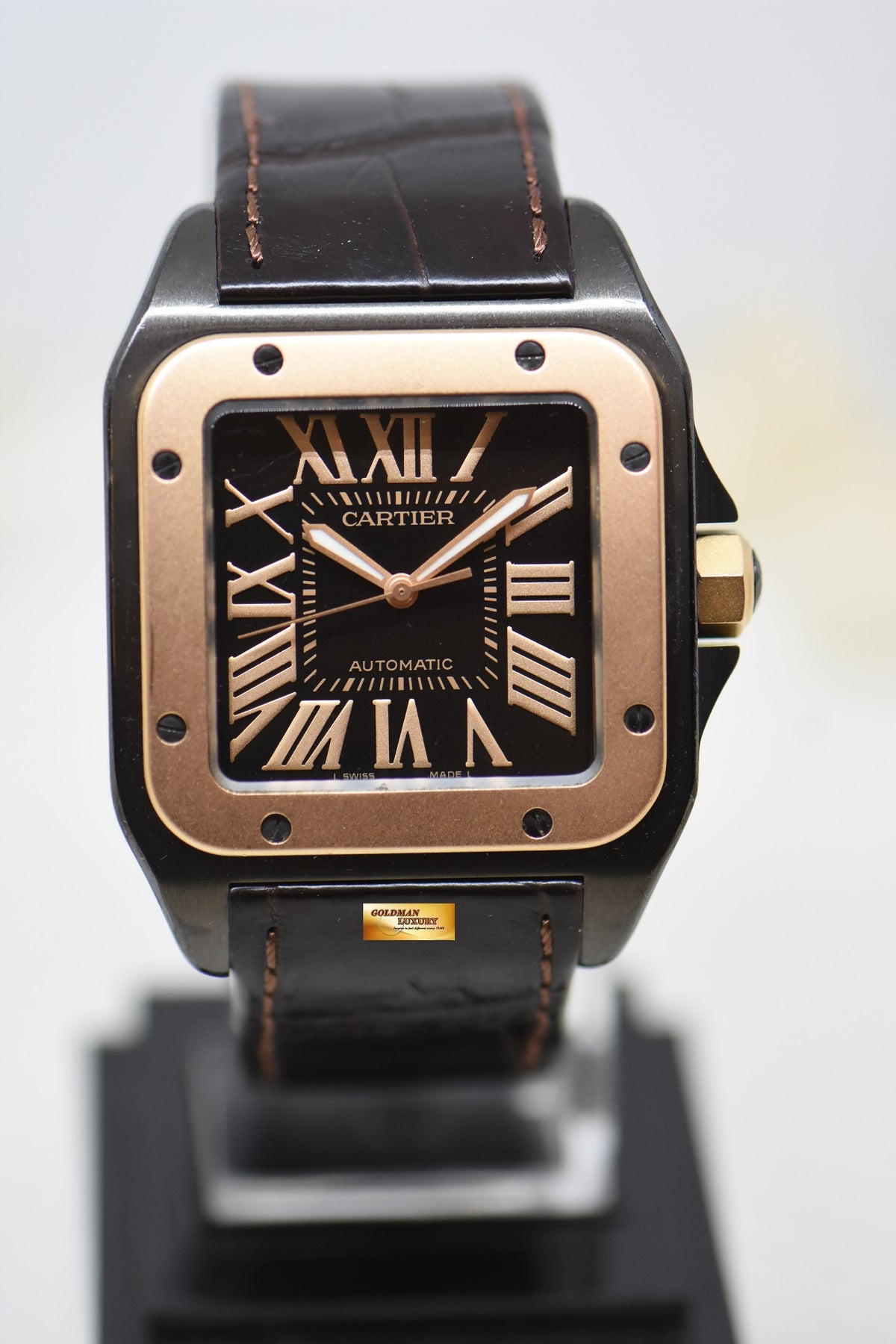 [SOLD] CARTIER SANTOS 100XL LARGE SIZE BLACK DLC / 18K ROSE GOLD IN LEATHER STRAP AUTOMATIC W2020009 (MINT)