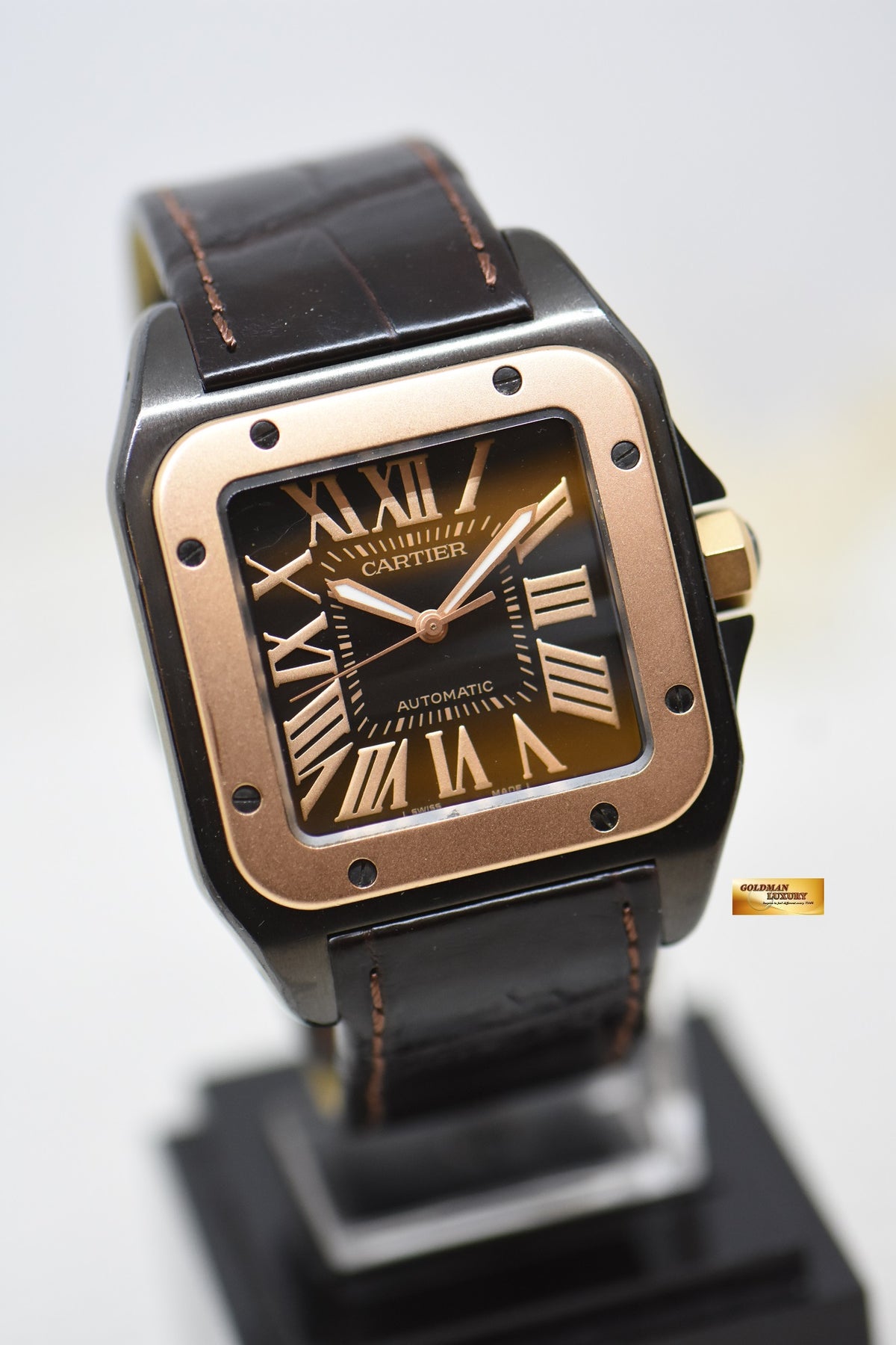 [SOLD] CARTIER SANTOS 100XL LARGE SIZE BLACK DLC / 18K ROSE GOLD IN LEATHER STRAP AUTOMATIC W2020009 (MINT)