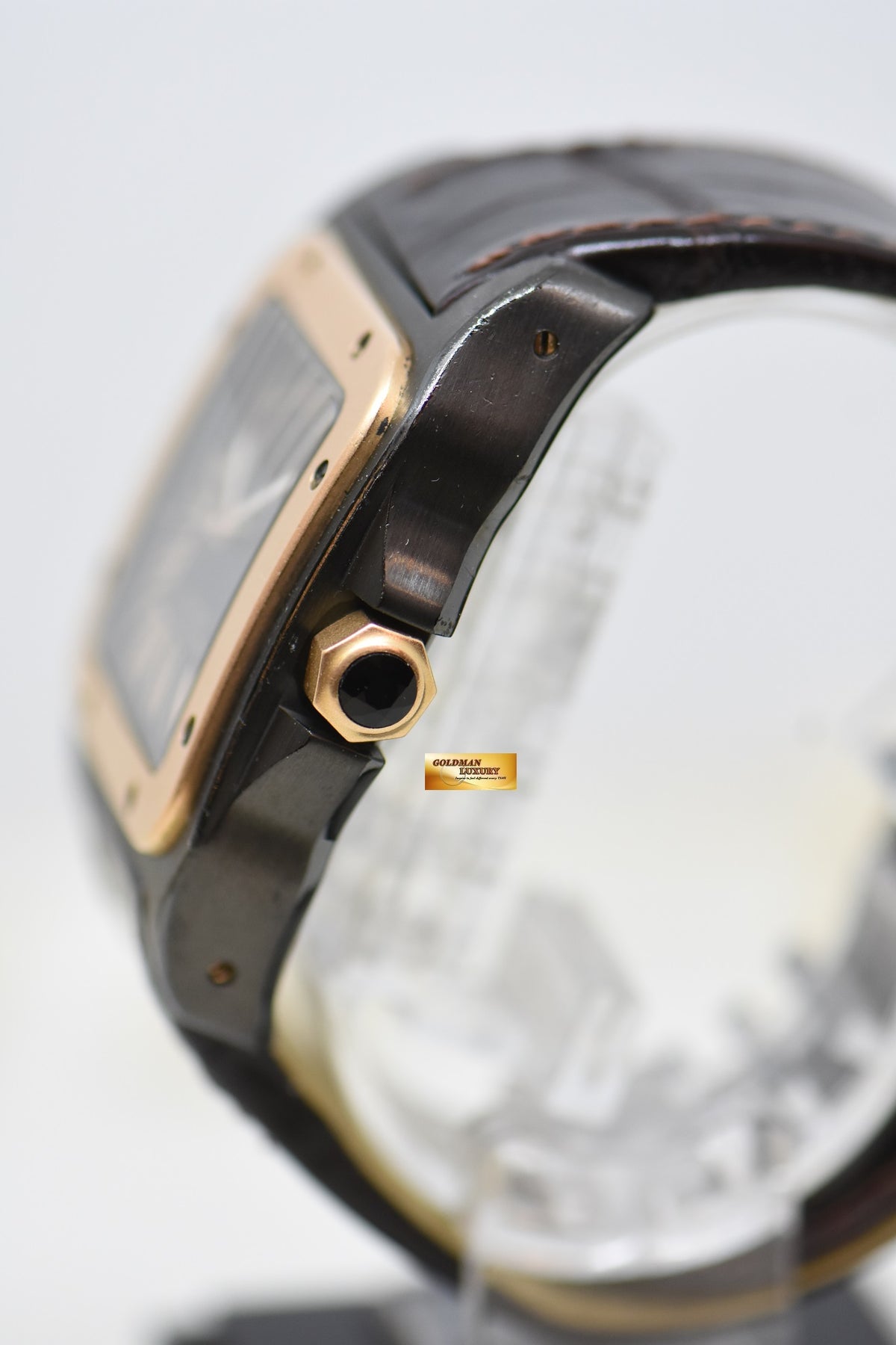 [SOLD] CARTIER SANTOS 100XL LARGE SIZE BLACK DLC / 18K ROSE GOLD IN LEATHER STRAP AUTOMATIC W2020009 (MINT)