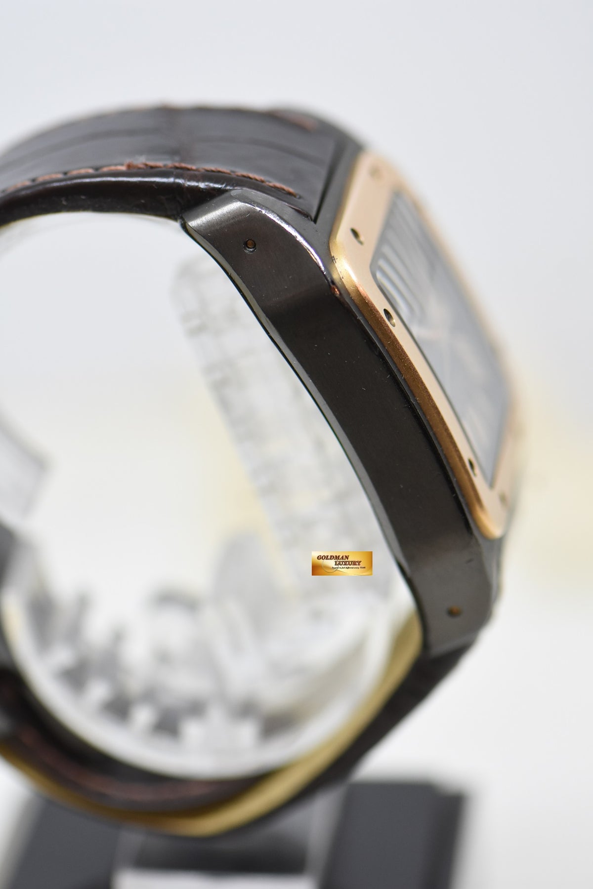 [SOLD] CARTIER SANTOS 100XL LARGE SIZE BLACK DLC / 18K ROSE GOLD IN LEATHER STRAP AUTOMATIC W2020009 (MINT)