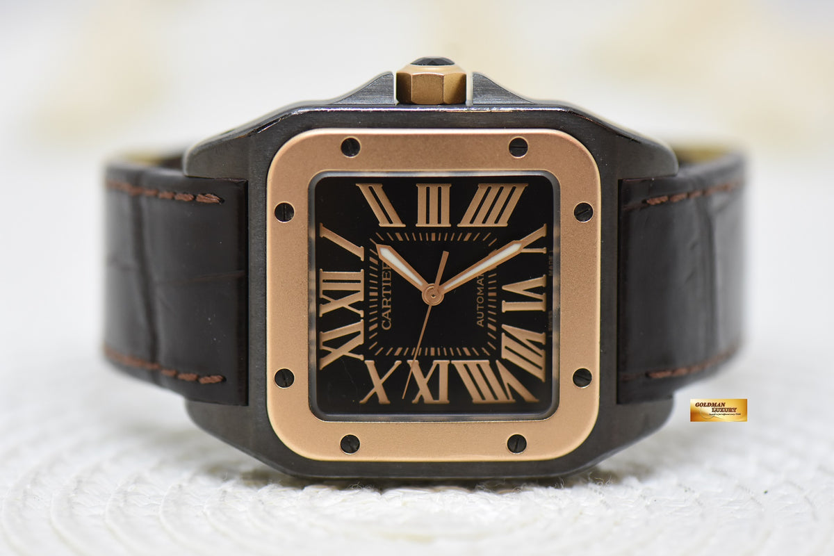 [SOLD] CARTIER SANTOS 100XL LARGE SIZE BLACK DLC / 18K ROSE GOLD IN LEATHER STRAP AUTOMATIC W2020009 (MINT)