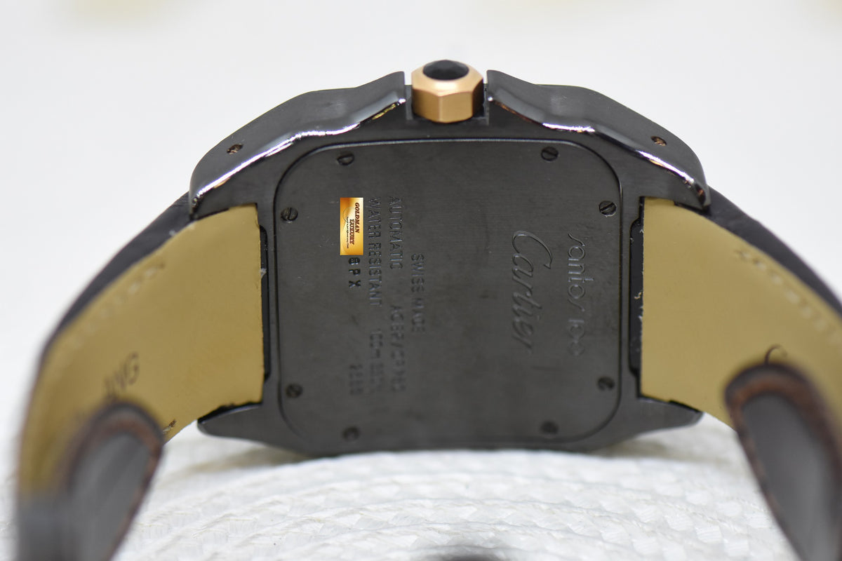 [SOLD] CARTIER SANTOS 100XL LARGE SIZE BLACK DLC / 18K ROSE GOLD IN LEATHER STRAP AUTOMATIC W2020009 (MINT)