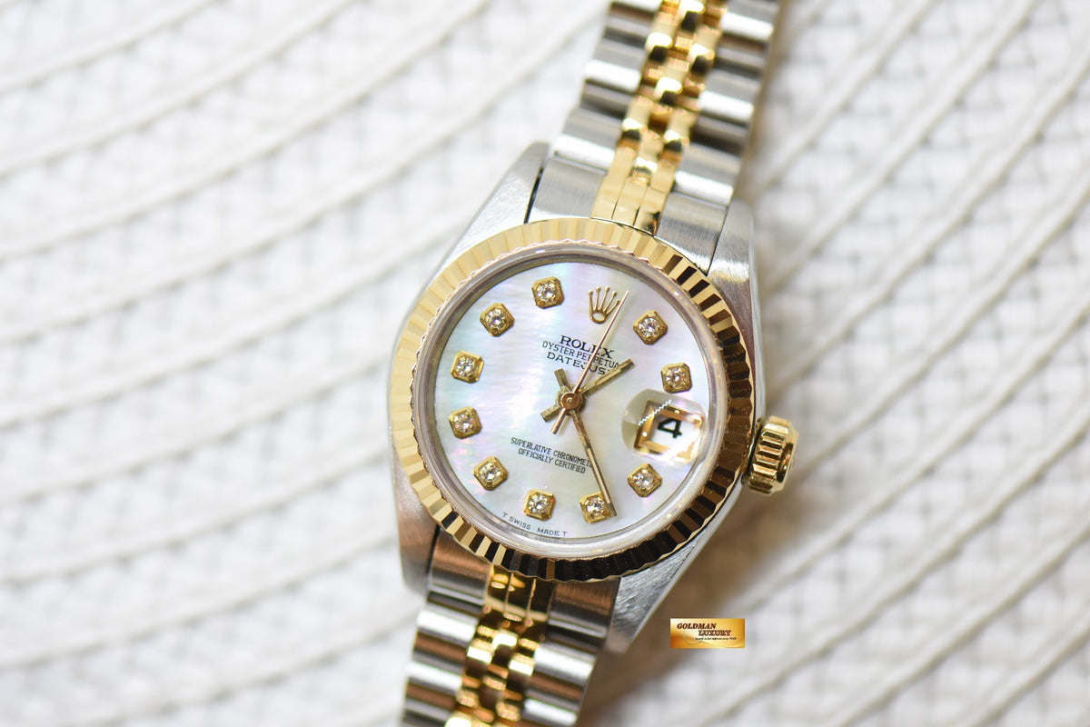 [SOLD] ROLEX OYSTER DATEJUST 26mm HALF-GOLD IN JUBILEE BRACELET MOP DIAMOND DIAL 69173 (MINT)