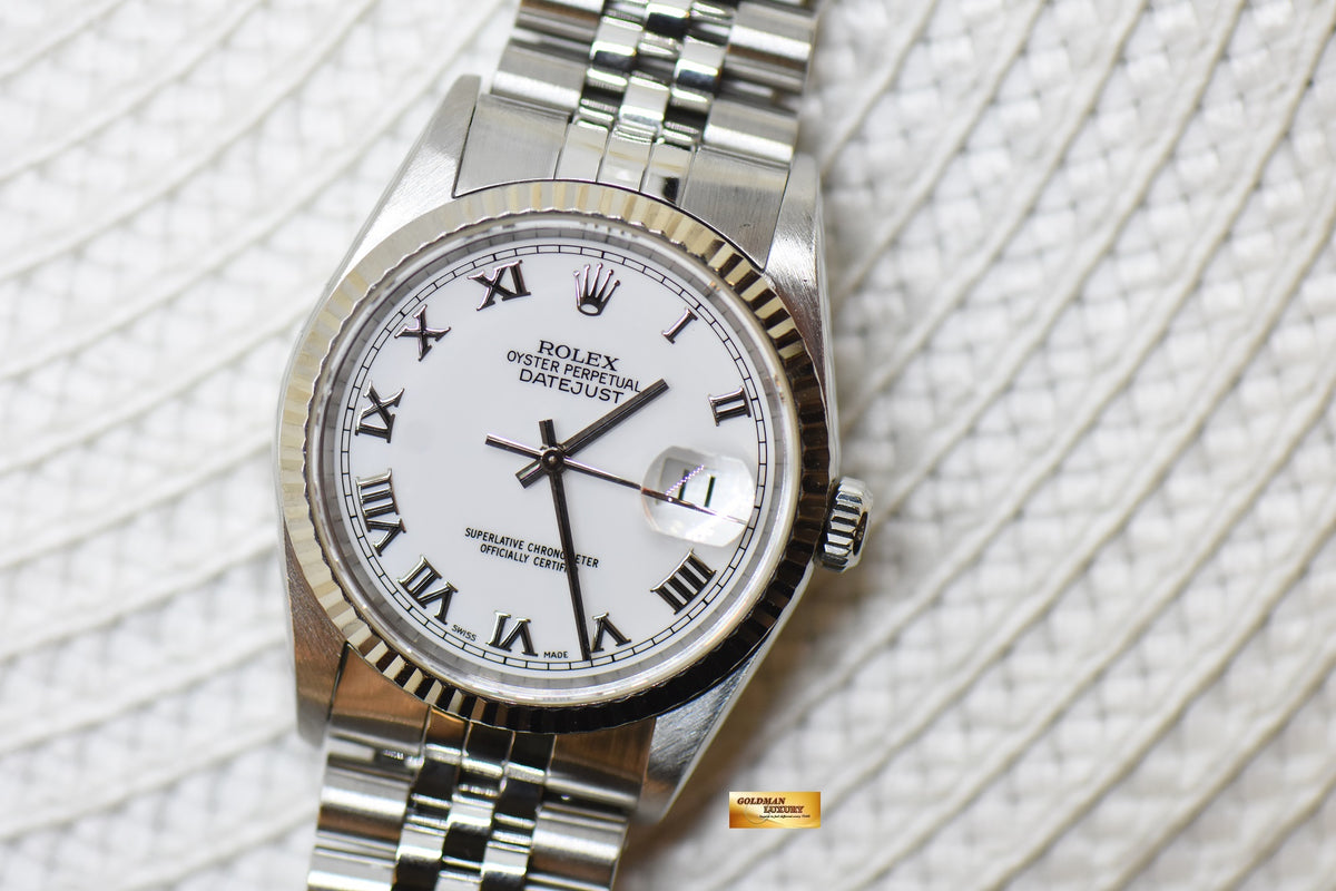 [SOLD] ROLEX OYSTER DATEJUST 36mm STEEL IN JUBILEE BRACELET WHITE ROMAN DIAL 16234 (MINT)