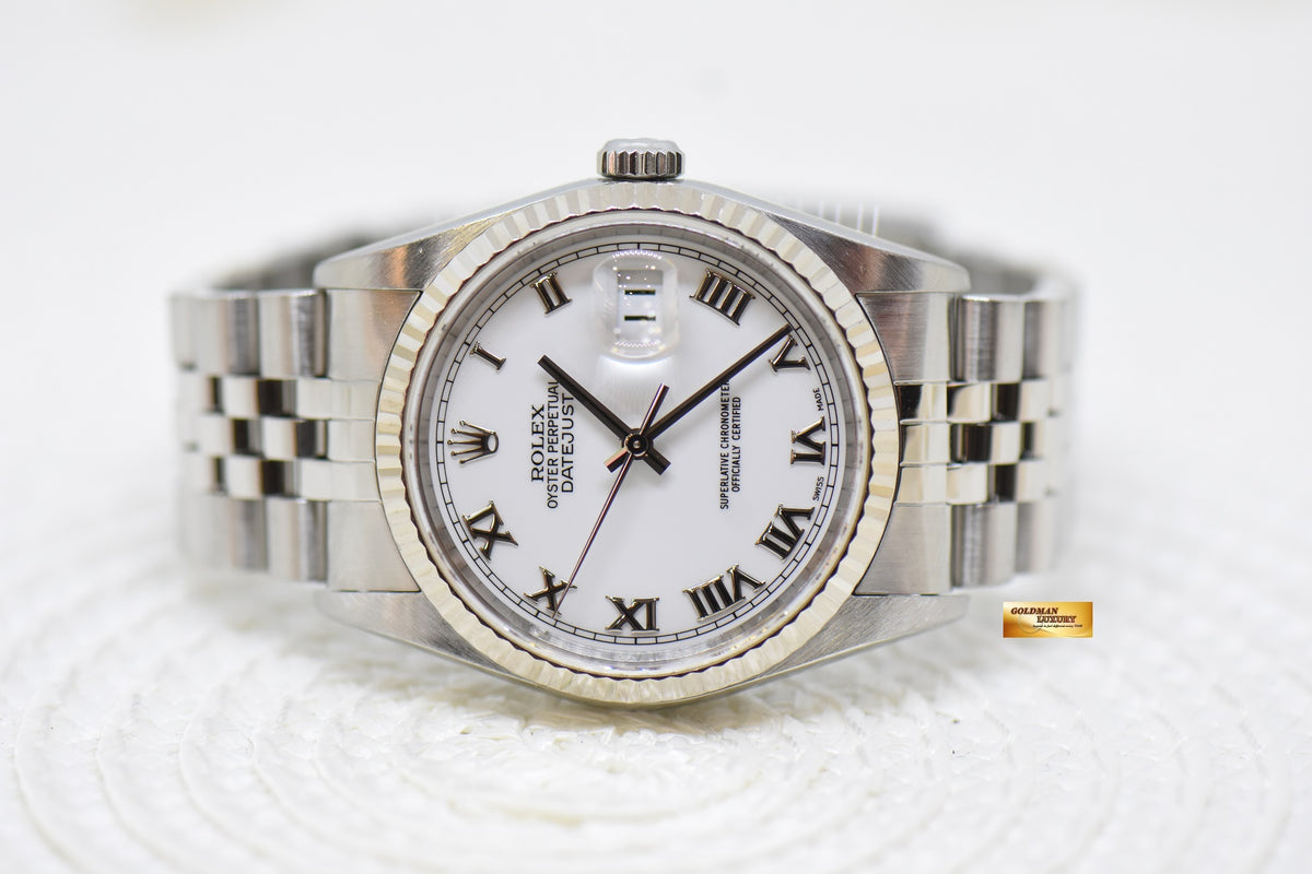 [SOLD] ROLEX OYSTER DATEJUST 36mm STEEL IN JUBILEE BRACELET WHITE ROMAN DIAL 16234 (MINT)