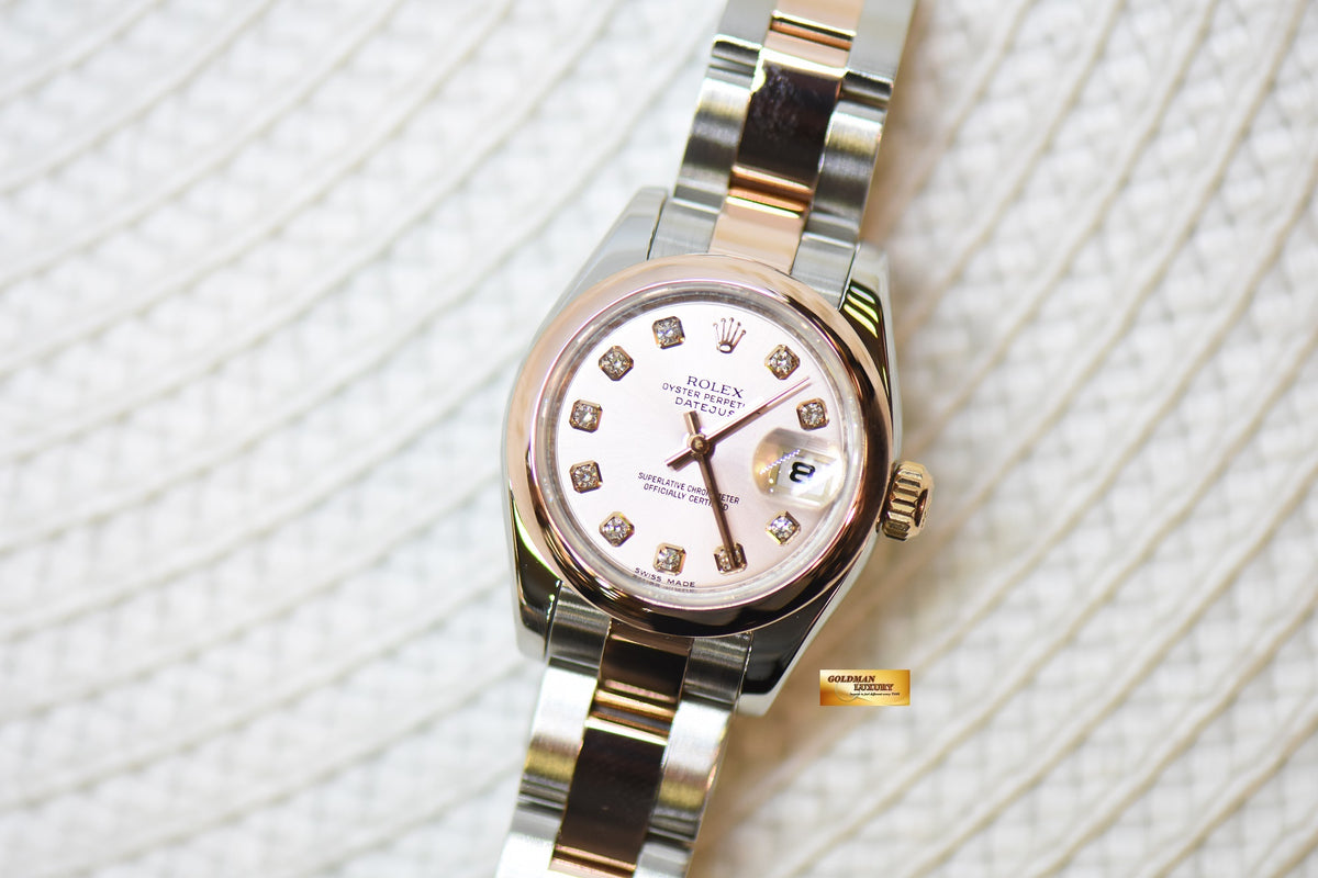 [SOLD] ROLEX OYSTER DATEJUST 26mm HALF-EVEROSE GOLD OYSTER BRACELET SILVER-PINK DIAMOND DIAL 179161 (MINT)