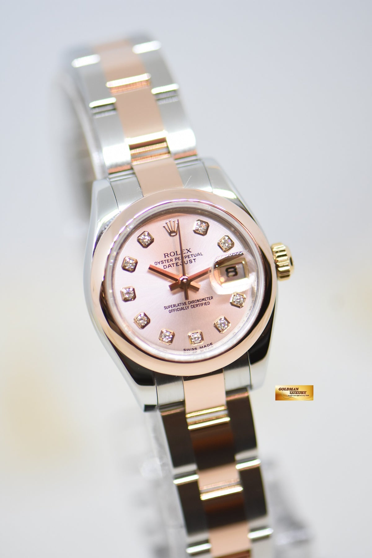 [SOLD] ROLEX OYSTER DATEJUST 26mm HALF-EVEROSE GOLD OYSTER BRACELET SILVER-PINK DIAMOND DIAL 179161 (MINT)