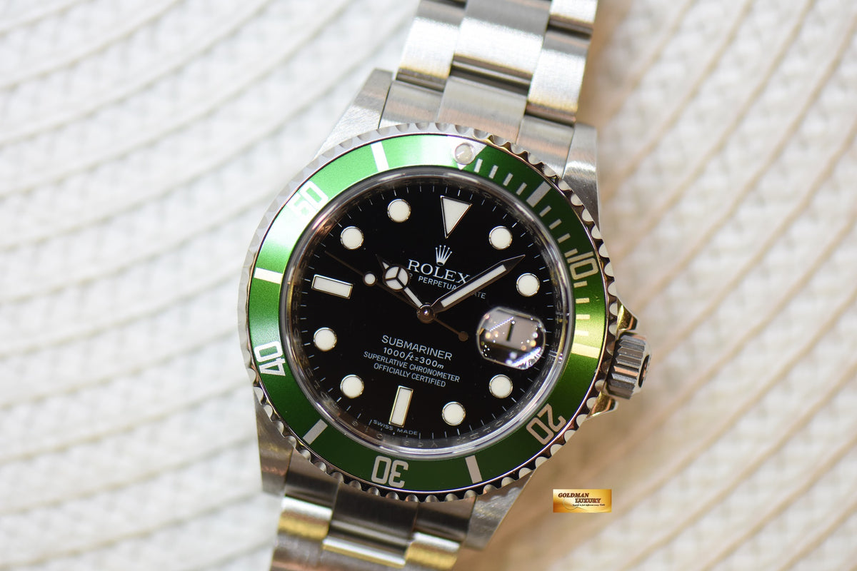 [SOLD] ROLEX OYSTER SUBMARINER KERMIT 40mm OYSTER STEEL BRACELET BLACK DIAL GREEN BEZEL 16610LV (MINT)