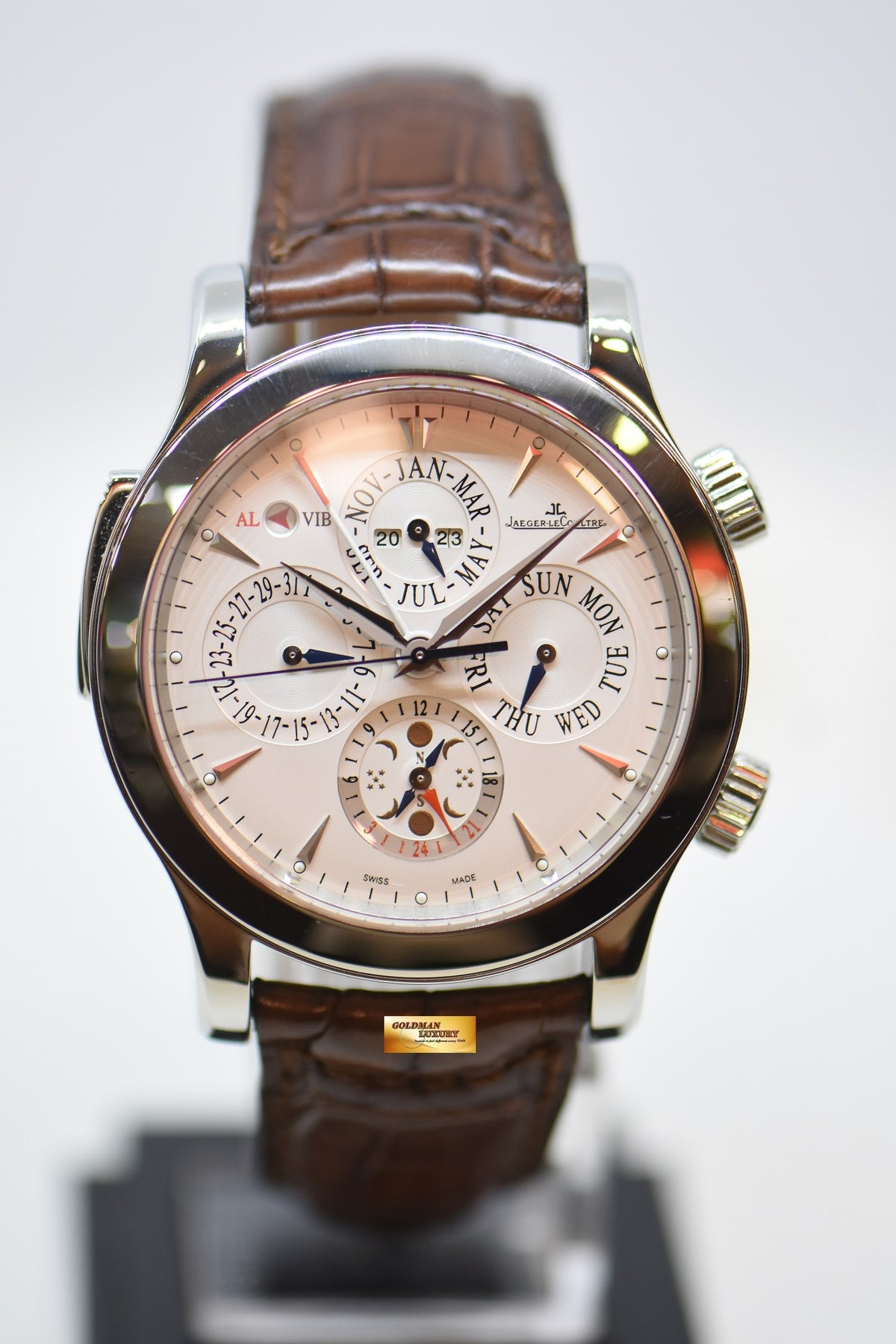 [SOLD] JLC MASTER GRAND REVEIL PERPETUAL ALARM 43mm STEEL IN LEATHER STRAP AUTOMATIC 149.8.95 (MINT)