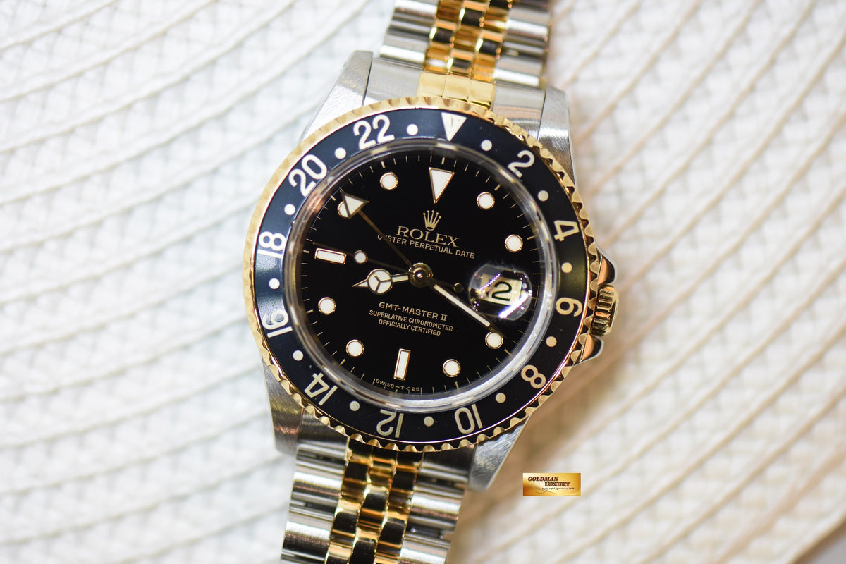 [SOLD] ROLEX OYSTER PERPETUAL GMT-MASTER II 40mm HALF-GOLD JUBILEE IN BRACELET BLACK TRITIUM DIAL 16713 (MINT)