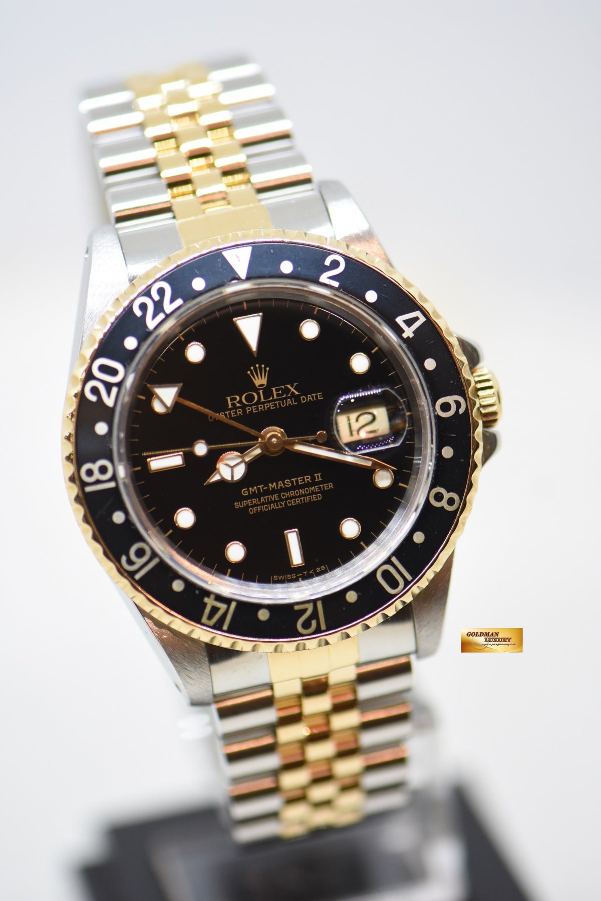 [SOLD] ROLEX OYSTER PERPETUAL GMT-MASTER II 40mm HALF-GOLD JUBILEE IN BRACELET BLACK TRITIUM DIAL 16713 (MINT)
