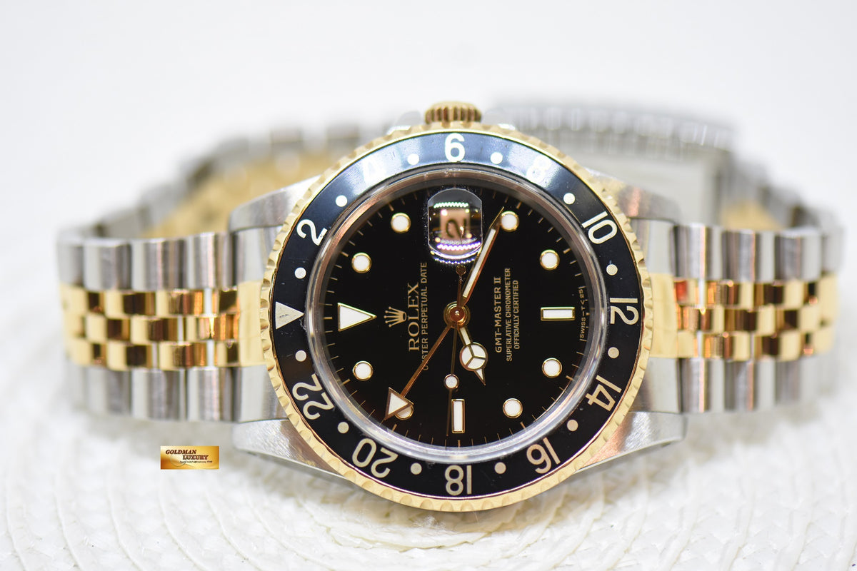 [SOLD] ROLEX OYSTER PERPETUAL GMT-MASTER II 40mm HALF-GOLD JUBILEE IN BRACELET BLACK TRITIUM DIAL 16713 (MINT)
