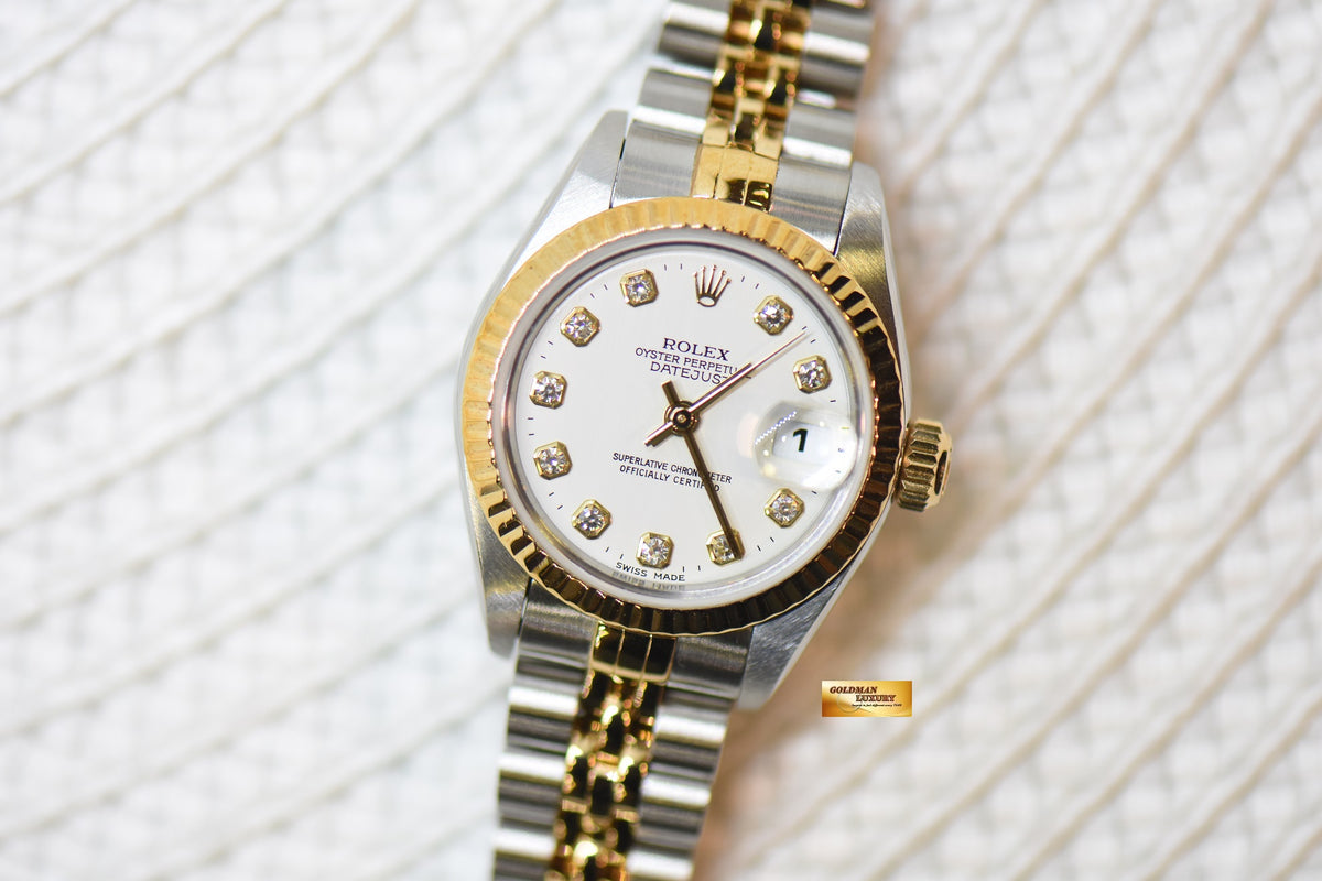 [SOLD] ROLEX OYSTER DATEJUST 26mm HALF-GOLD IN JUBILEE BRACELET WHITE DIAMOND DIAL 69173 (MINT)