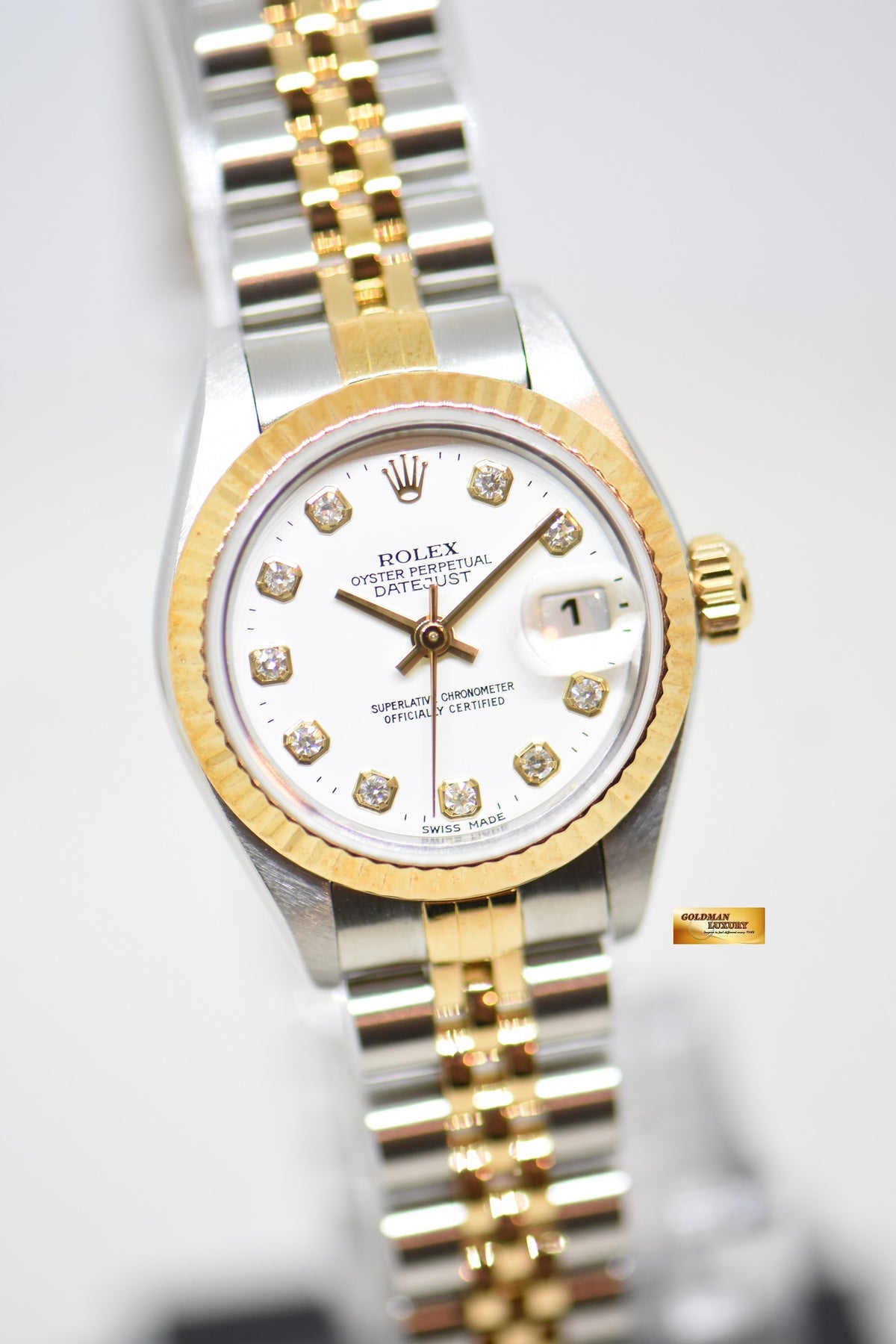 [SOLD] ROLEX OYSTER DATEJUST 26mm HALF-GOLD IN JUBILEE BRACELET WHITE DIAMOND DIAL 69173 (MINT)