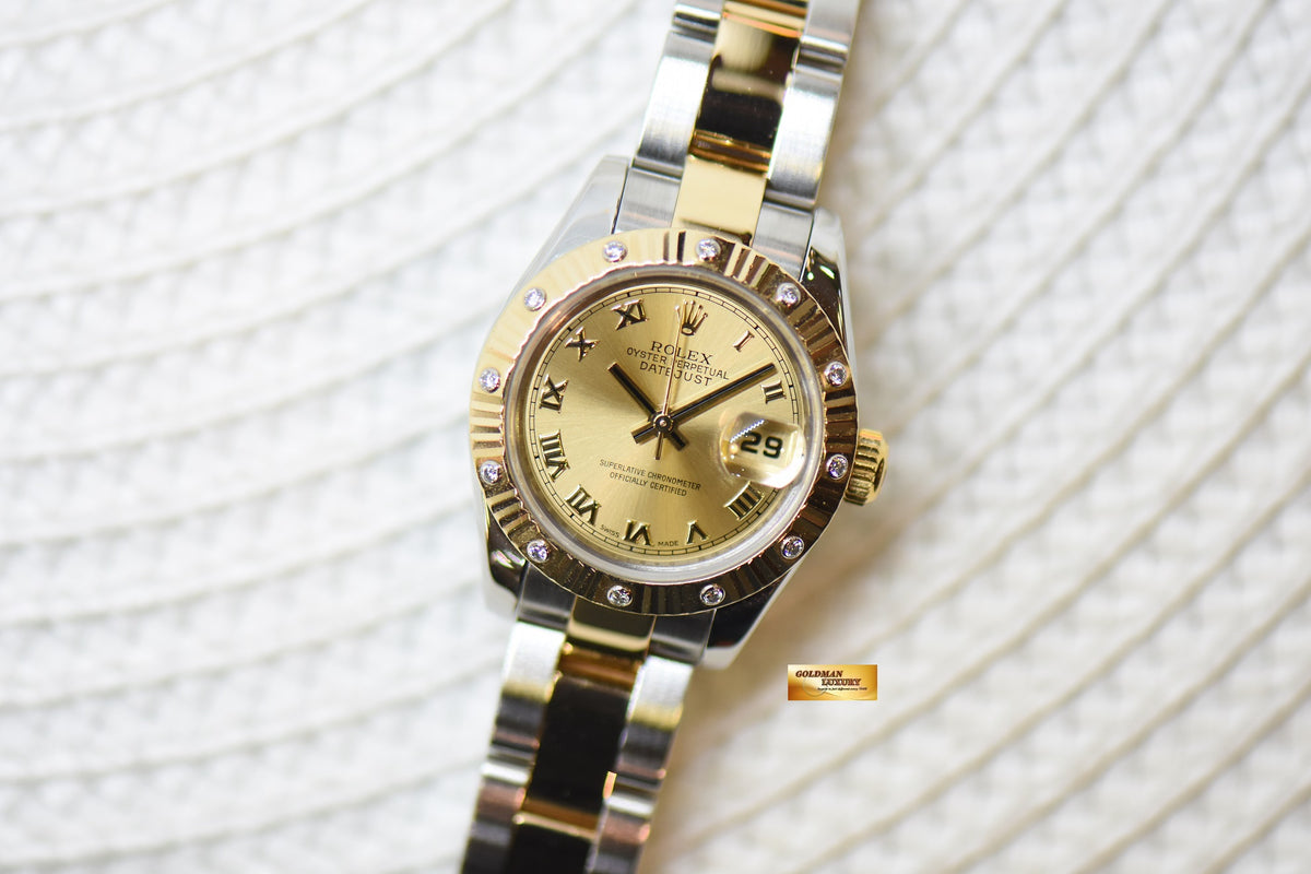 [SOLD] ROLEX OYSTER DATEJUST 26mm HALF-GOLD OYSTER BRACELET CHAMPAGNE ROMAN DIAL & ORIGINAL 12P DIAMOND BEZEL 179313 (MINT)