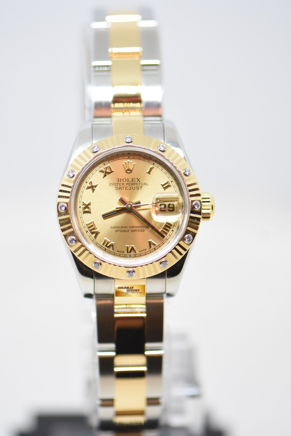 [SOLD] ROLEX OYSTER DATEJUST 26mm HALF-GOLD OYSTER BRACELET CHAMPAGNE ROMAN DIAL & ORIGINAL 12P DIAMOND BEZEL 179313 (MINT)