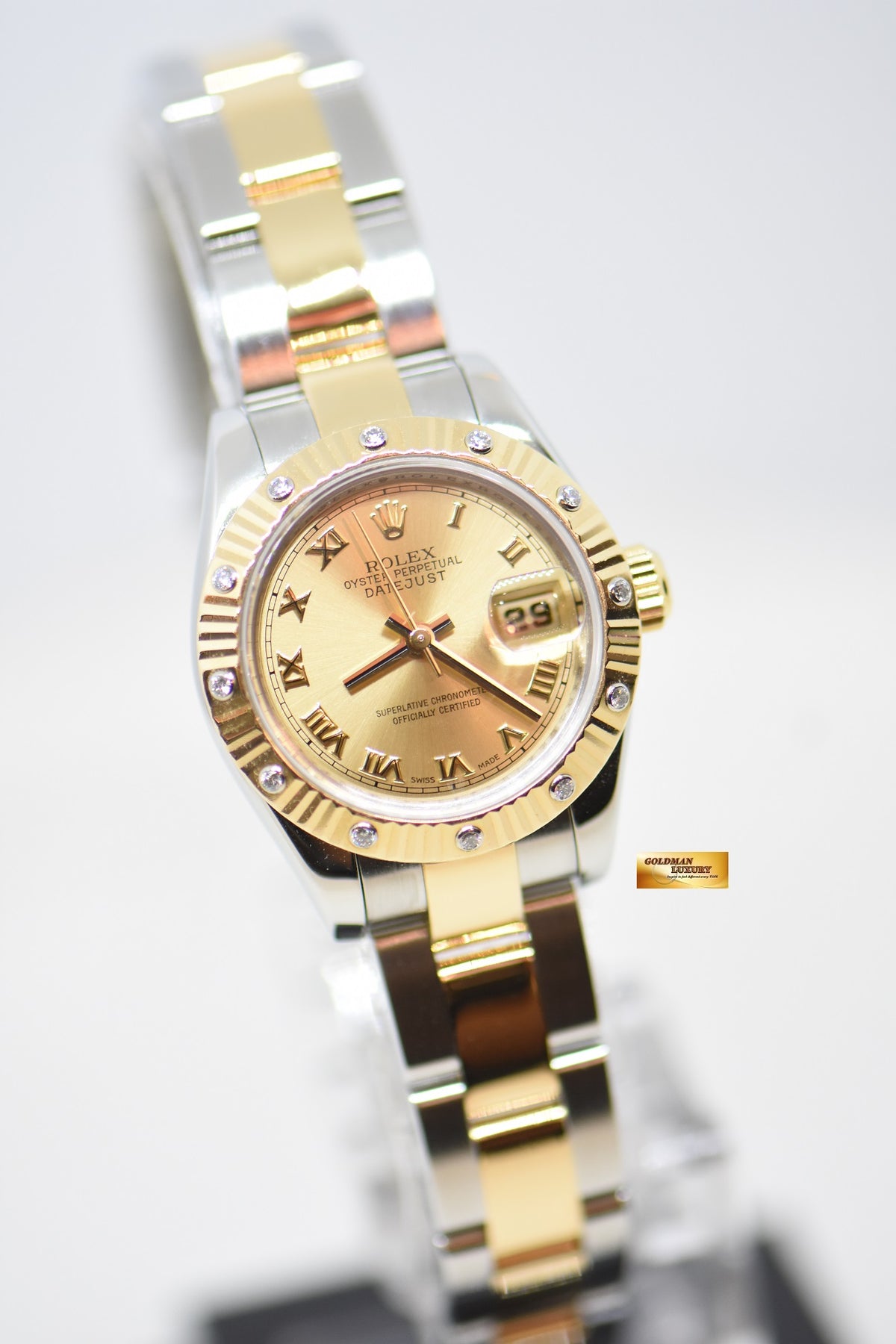 [SOLD] ROLEX OYSTER DATEJUST 26mm HALF-GOLD OYSTER BRACELET CHAMPAGNE ROMAN DIAL & ORIGINAL 12P DIAMOND BEZEL 179313 (MINT)