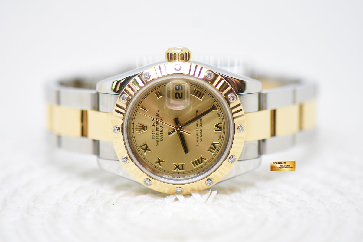[SOLD] ROLEX OYSTER DATEJUST 26mm HALF-GOLD OYSTER BRACELET CHAMPAGNE ROMAN DIAL & ORIGINAL 12P DIAMOND BEZEL 179313 (MINT)