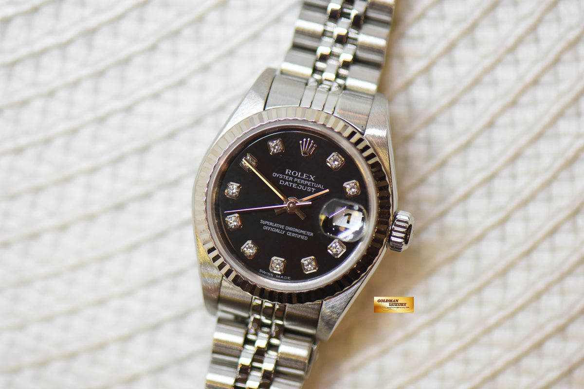 [SOLD] ROLEX OYSTER DATEJUST 26mm BLACK DIAMOND DIAL STEEL IN JUBILEE BRACELET 79174 (MINT)