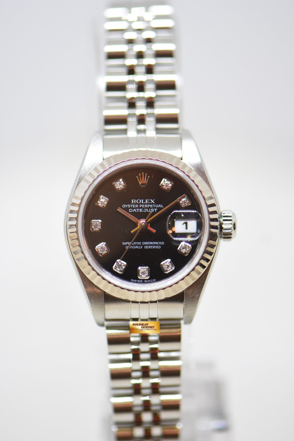 [SOLD] ROLEX OYSTER DATEJUST 26mm BLACK DIAMOND DIAL STEEL IN JUBILEE BRACELET 79174 (MINT)
