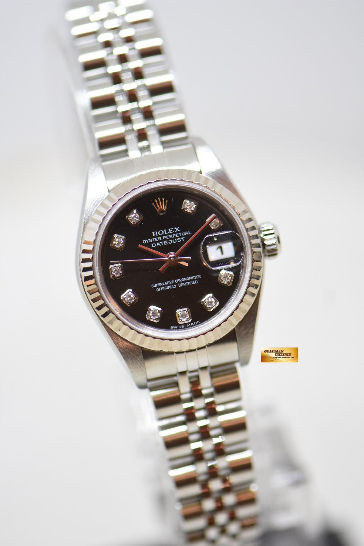 [SOLD] ROLEX OYSTER DATEJUST 26mm BLACK DIAMOND DIAL STEEL IN JUBILEE BRACELET 79174 (MINT)