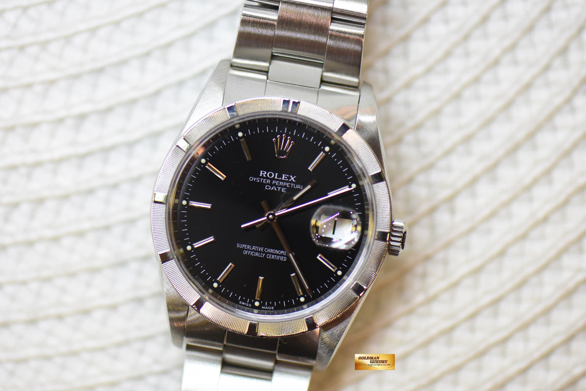 [SOLD] ROLEX OYSTER DATE 34mm STEEL IN BRACELET ENGINE-TURN BEZEL BLACK DIAL 15210 (QUICKSET-DATE) (MINT)