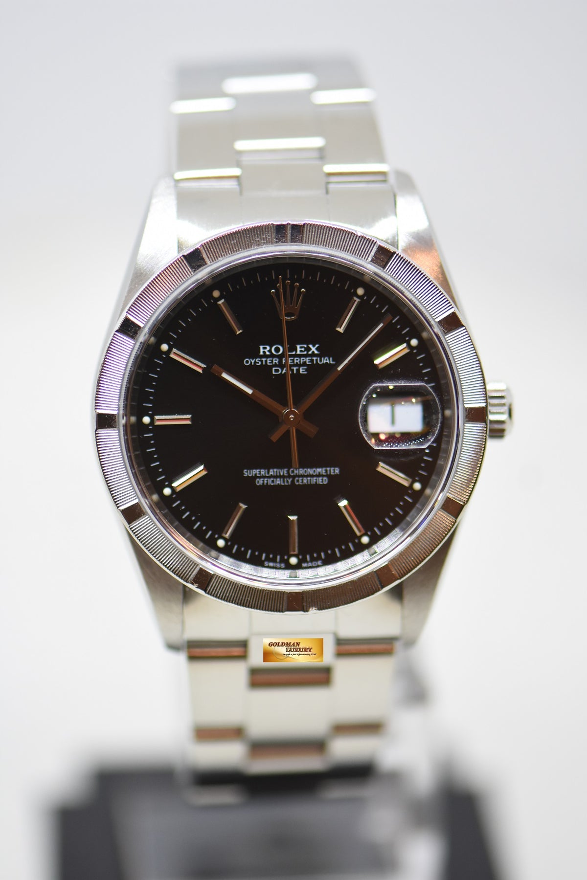 [SOLD] ROLEX OYSTER DATE 34mm STEEL IN BRACELET ENGINE-TURN BEZEL BLACK DIAL 15210 (QUICKSET-DATE) (MINT)