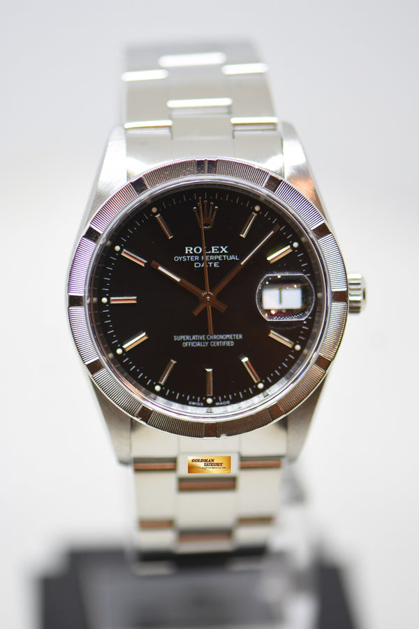 [SOLD] ROLEX OYSTER DATE 34mm STEEL IN BRACELET ENGINE-TURN BEZEL BLACK DIAL 15210 (QUICKSET-DATE) (MINT)