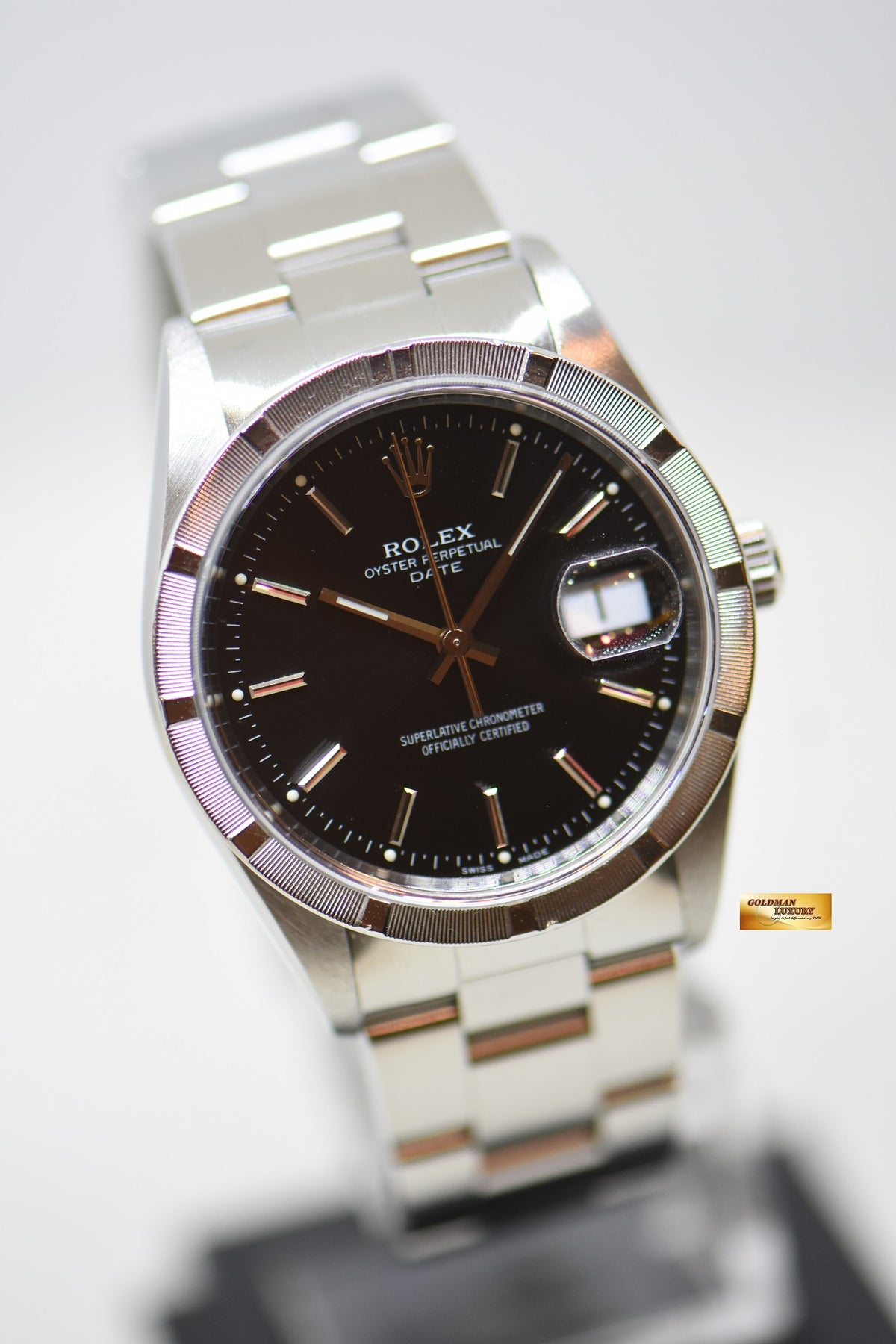 [SOLD] ROLEX OYSTER DATE 34mm STEEL IN BRACELET ENGINE-TURN BEZEL BLACK DIAL 15210 (QUICKSET-DATE) (MINT)