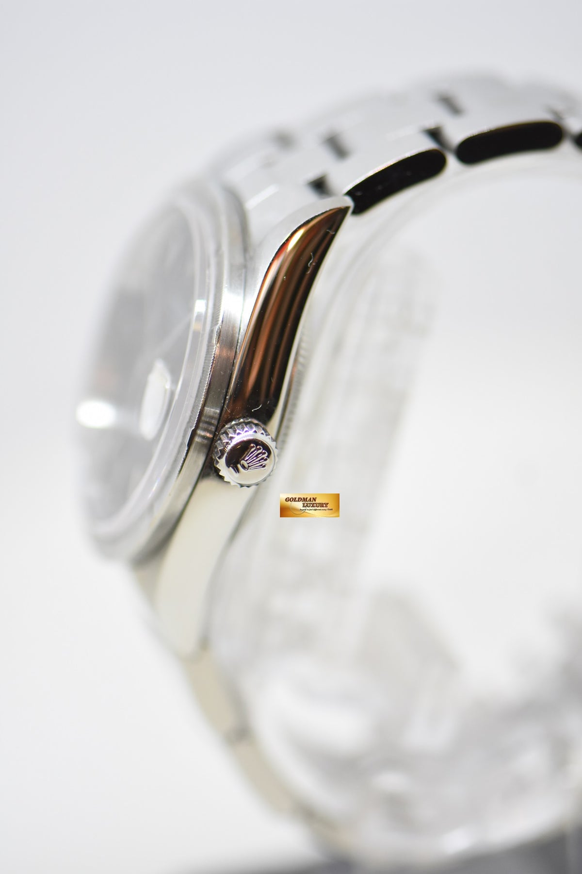 [SOLD] ROLEX OYSTER DATE 34mm STEEL IN BRACELET ENGINE-TURN BEZEL BLACK DIAL 15210 (QUICKSET-DATE) (MINT)