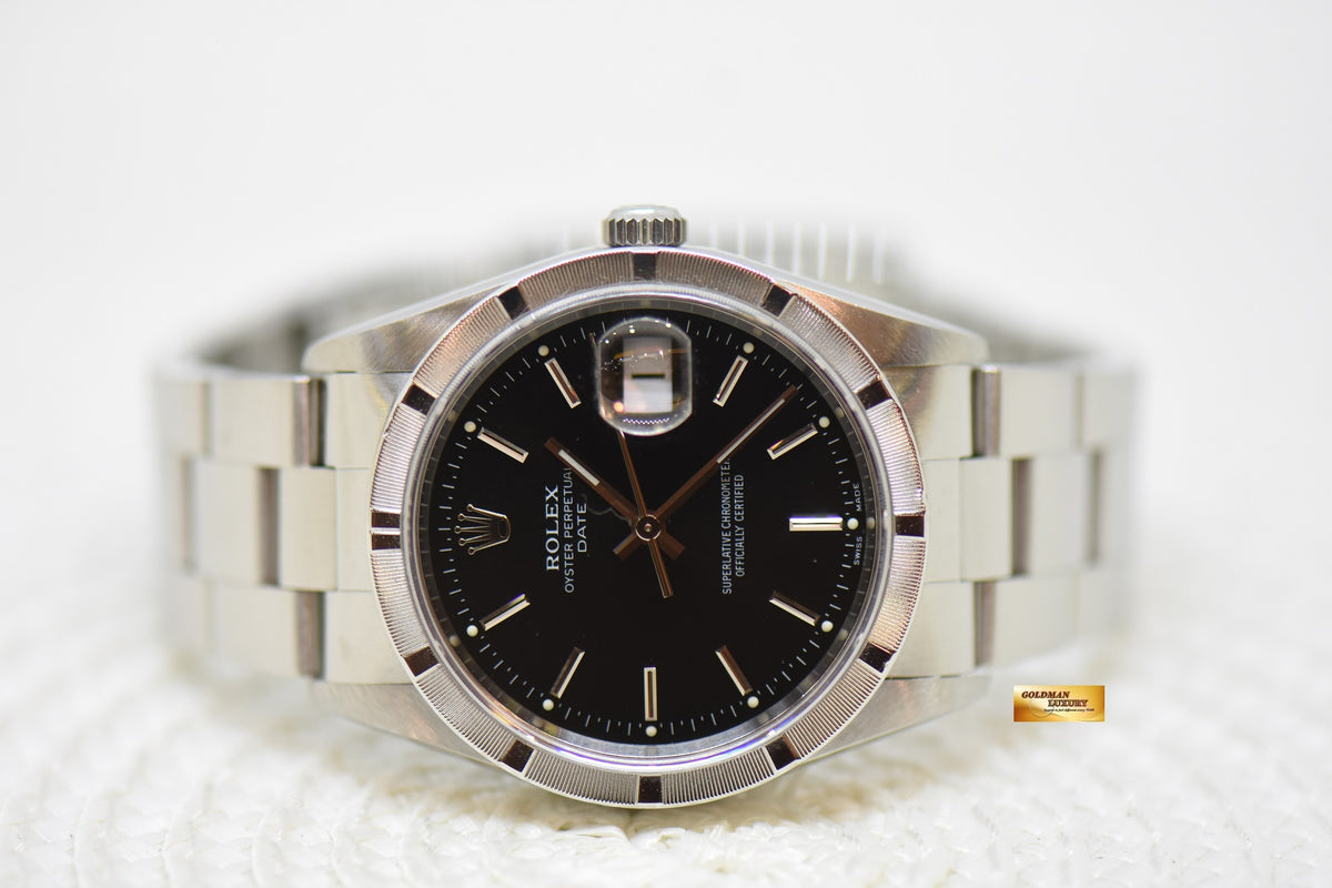 [SOLD] ROLEX OYSTER DATE 34mm STEEL IN BRACELET ENGINE-TURN BEZEL BLACK DIAL 15210 (QUICKSET-DATE) (MINT)