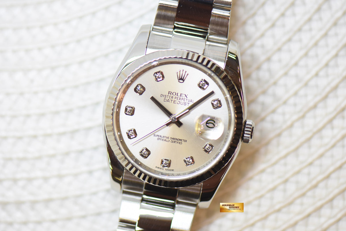 [SOLD] ROLEX OYSTER DATEJUST 36mm STEEL IN OYSTER BRACELET SILVER DIAMONDS DIAL 116234 (MINT)