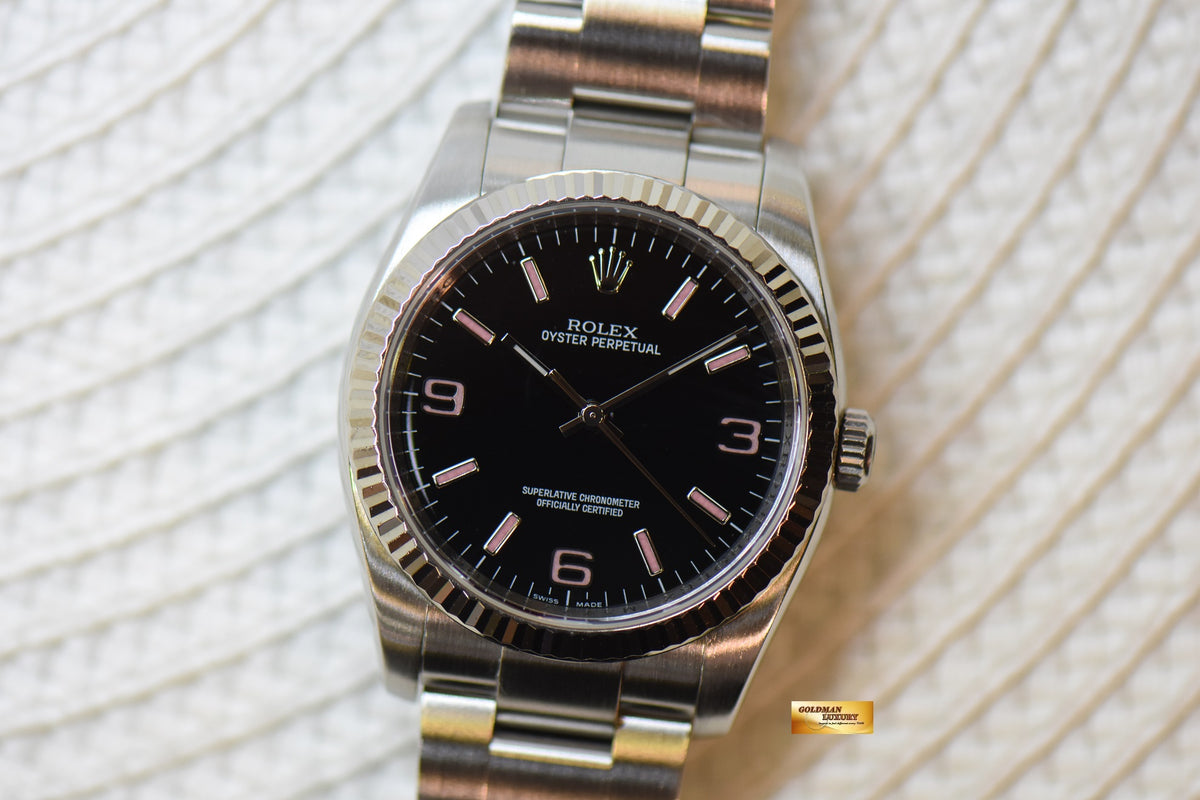 [SOLD] ROLEX OYSTER PERPETUAL 36mm STEEL IN OYSTER BRACELET 369 PINK NUMERALS DIAL 116034 (MINT)