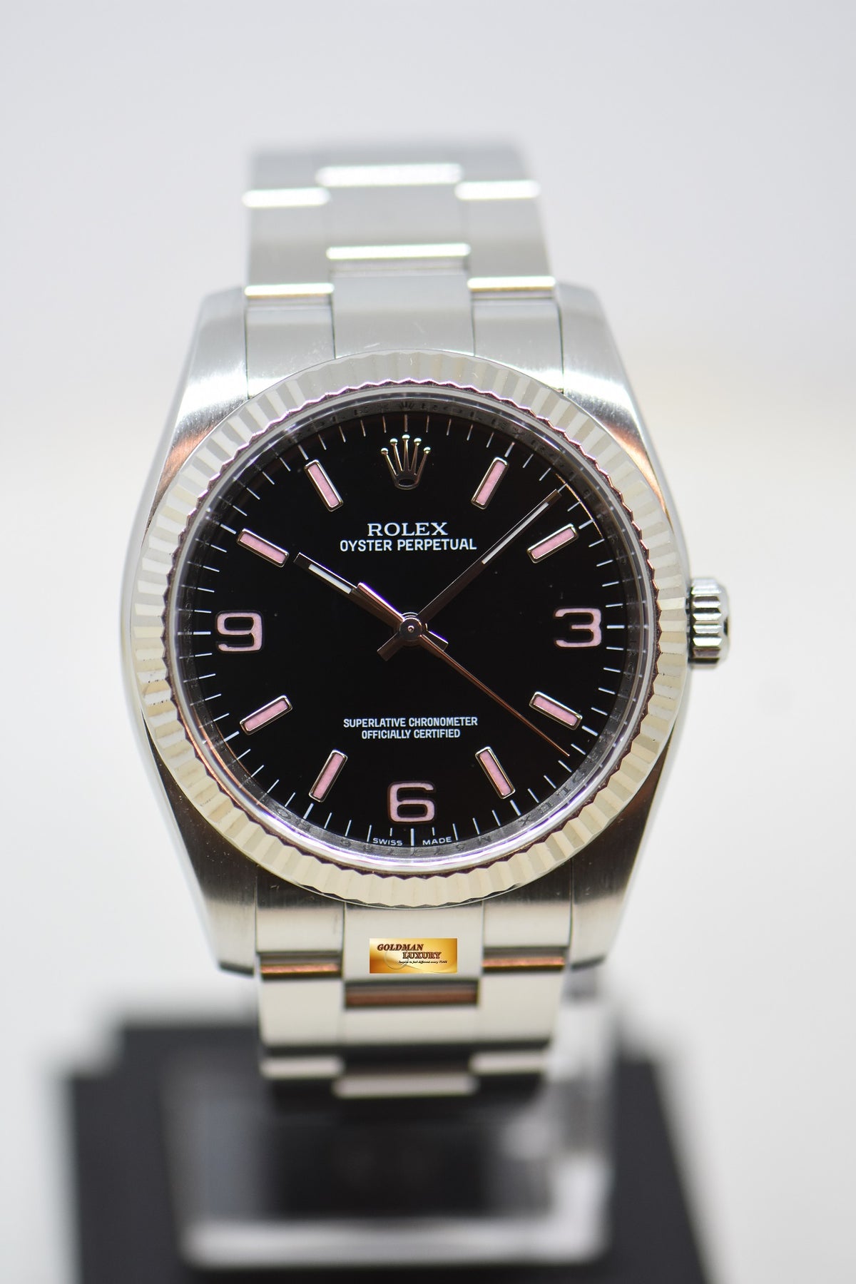 [SOLD] ROLEX OYSTER PERPETUAL 36mm STEEL IN OYSTER BRACELET 369 PINK NUMERALS DIAL 116034 (MINT)