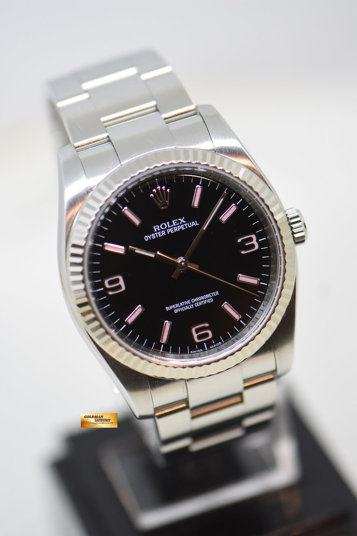 [SOLD] ROLEX OYSTER PERPETUAL 36mm STEEL IN OYSTER BRACELET 369 PINK NUMERALS DIAL 116034 (MINT)