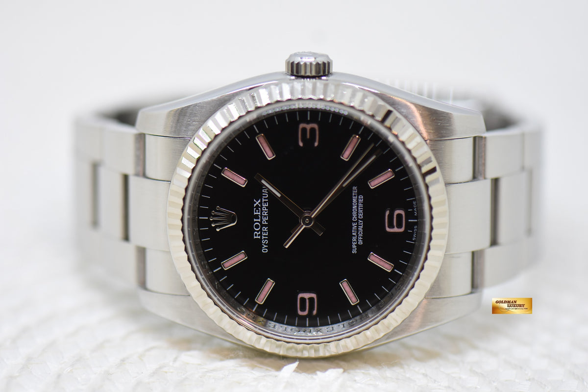 [SOLD] ROLEX OYSTER PERPETUAL 36mm STEEL IN OYSTER BRACELET 369 PINK NUMERALS DIAL 116034 (MINT)