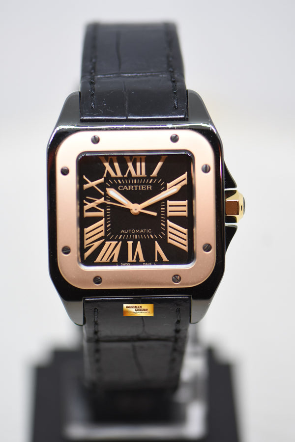 CARTIER SANTOS 100 MIDSIZE BLACK DLC / 18K ROSE GOLD IN LEATHER STRAP AUTOMATIC W2020007 (MINT)