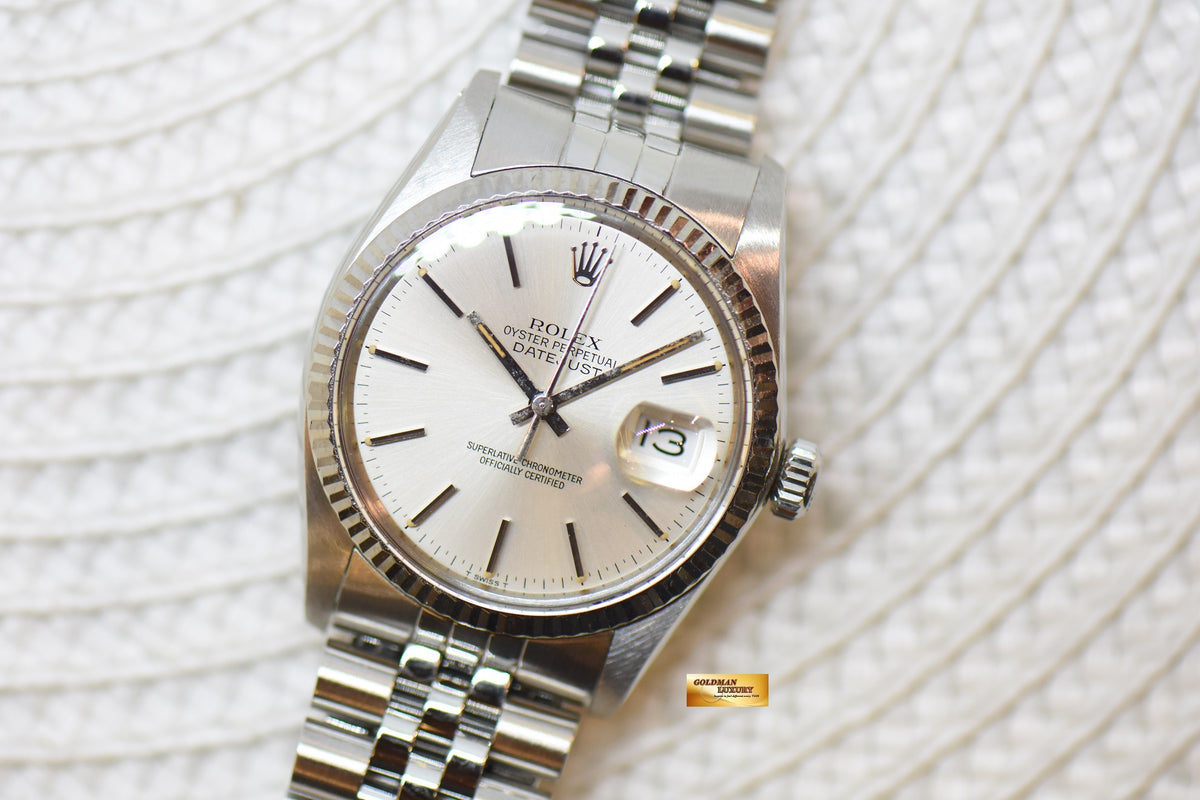 [SOLD] ROLEX OYSTER DATEJUST 36mm STEEL IN JUBILEE SILVER TRITIUM DIAL 16014 (QUICKSET-DIAL) (MINT)