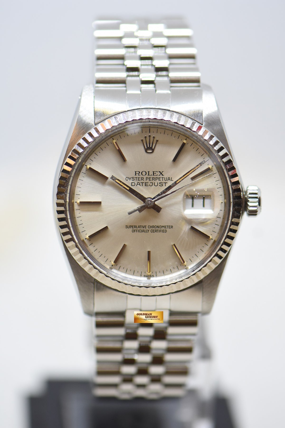 [SOLD] ROLEX OYSTER DATEJUST 36mm STEEL IN JUBILEE SILVER TRITIUM DIAL 16014 (QUICKSET-DIAL) (MINT)