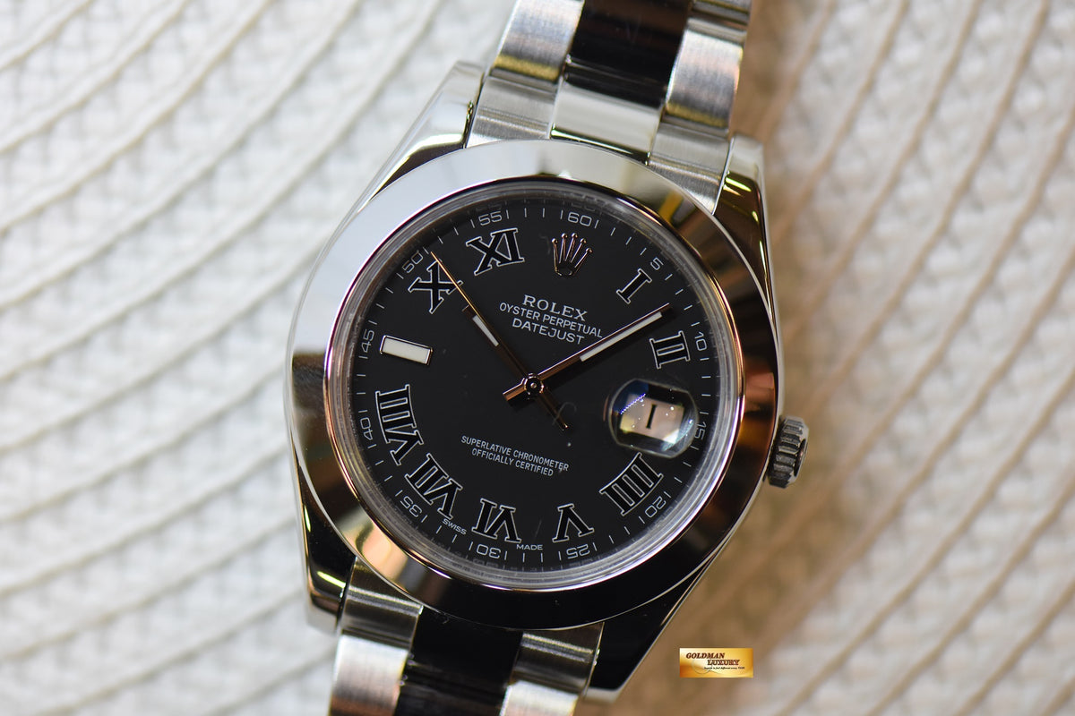 [SOLD] ROLEX OYSTER PERPETUAL DATEJUST II 41mm STEEL IN OYSTER BRACELET BLACK ROMAN 116300 (MINT)